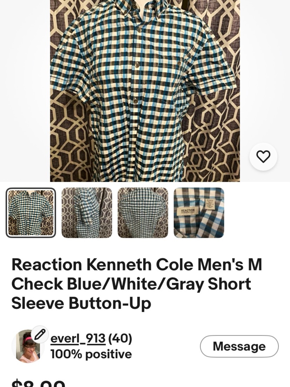 Kenneth Cole Reaction Blue, White & Gray Checked Short Sleeve Button-Down